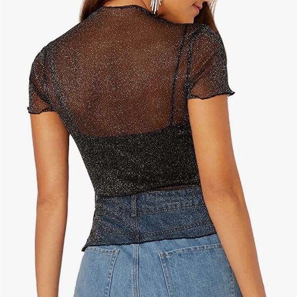 Size Small Women's Sheer Black Mesh Lettuce Trim Glitter Short Sleeve Top - Picture 2 of 16